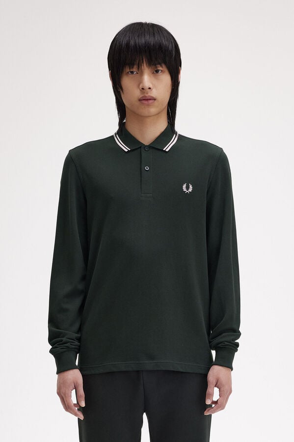 Fred Perry Polo piqu&eacute; de manga comprida masculina Verde