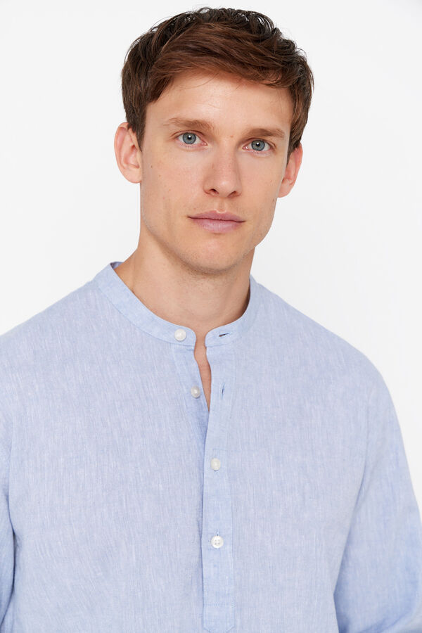 Cortefiel Polera lino algod&oacute;n cuello mao Azul oscuro