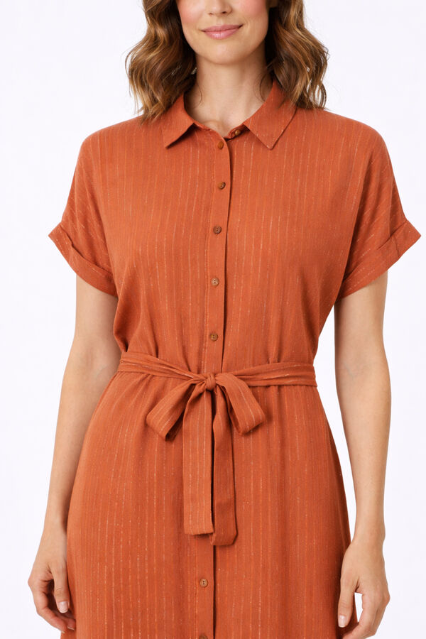 Vila Vestido camiseiro midi com l&uacute;rex Laranja