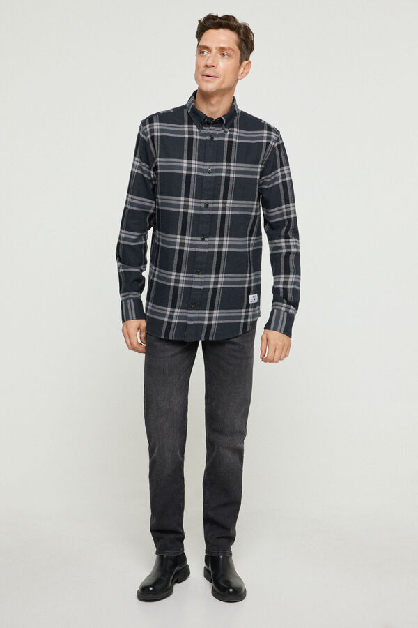 Jack & Jones Camisa sarja quadrados comfort fit 100% algod&atilde;o Preto