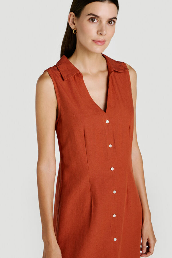 Vila Vestido midi camiseiro de linho Vermelho
