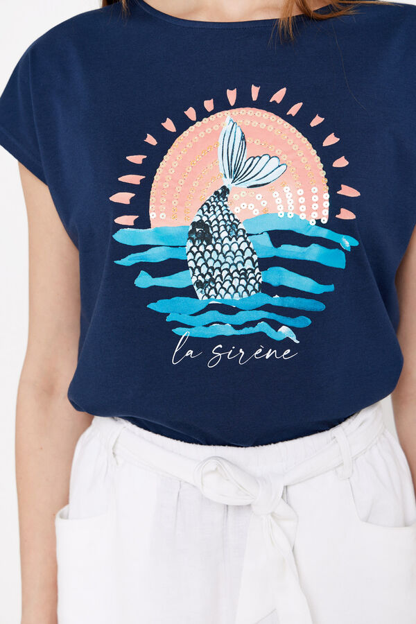 Cortefiel Camiseta estampada lentejuelas Azul marino