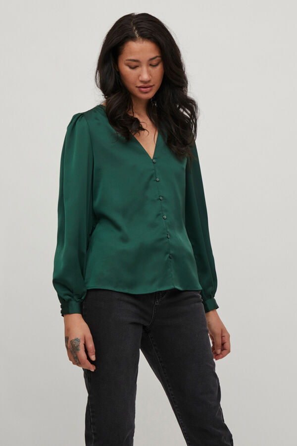 Cortefiel Blusa de mujer manga larga cuello pico Verde