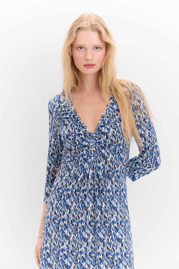 Cortefiel Vestido fruncido estampado Estampado azul