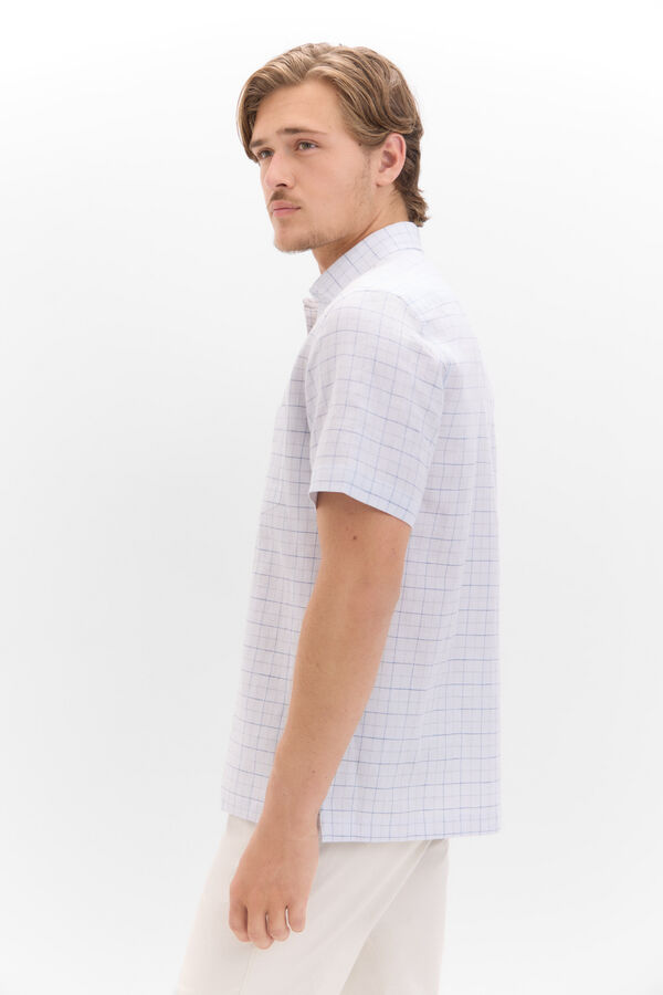 Cortefiel Camisa lino algod&oacute;n cuadros manga corta Azul oscuro