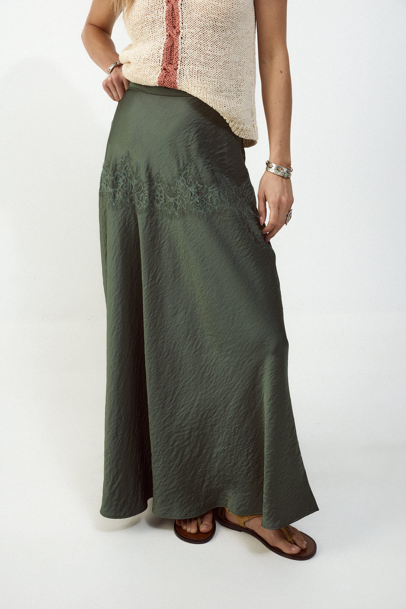 Slowlove Falda midi satinada con encaje
