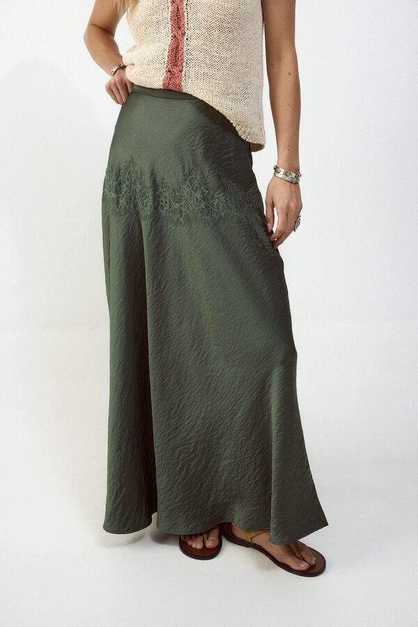 Slowlove Falda midi satinada con encaje Verde