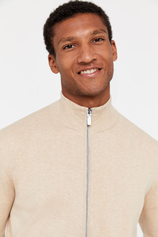 Cortefiel Casaco de malha de algod&atilde;o com caxemira e fecho-&eacute;clair Tostado