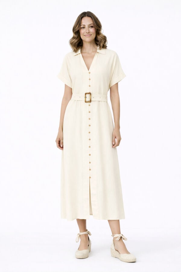 Vila Vestido midi camisero de lino Beige