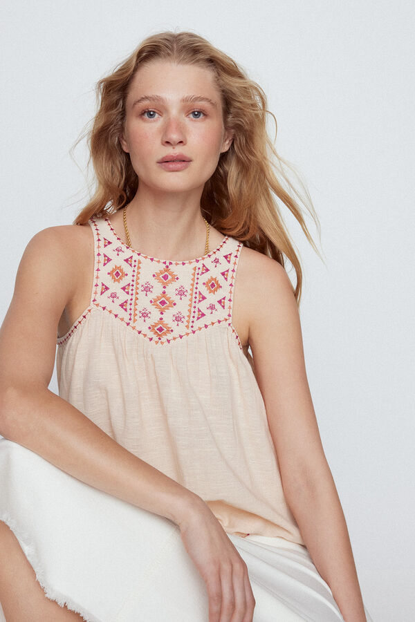 Slowlove Top peito bordado Castanho