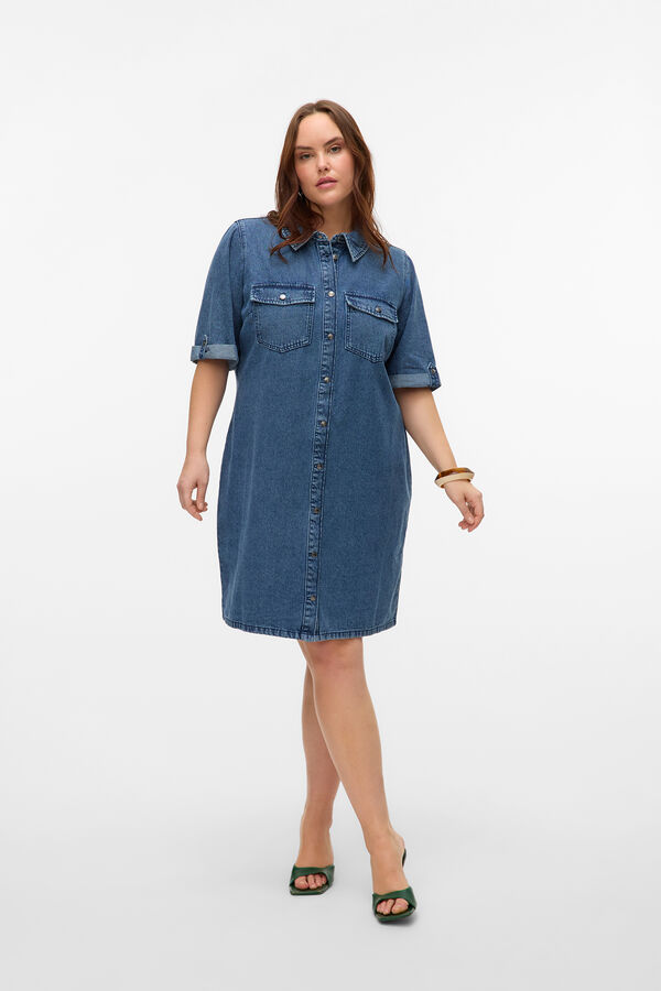 Vero Moda Curve Vestido midi de manga corta denim talla grande Azul