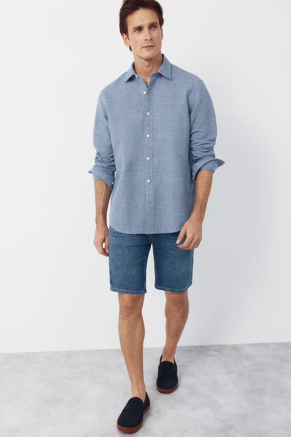 Cortefiel Camisa lino algod&oacute;n cuadros Azul