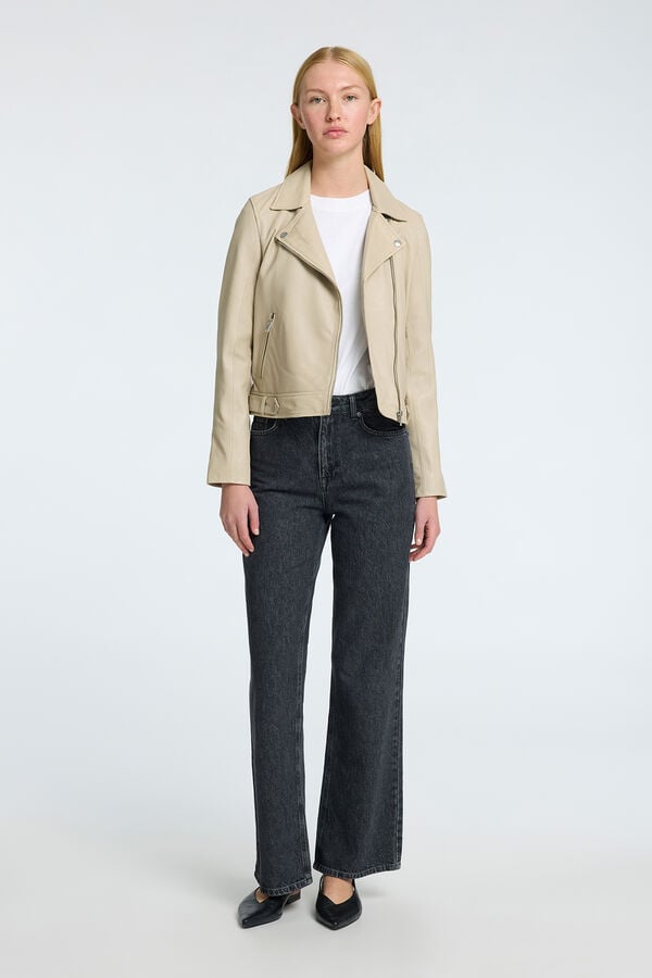 Selected Cazadora Biker Cropped 100% piel. Beige