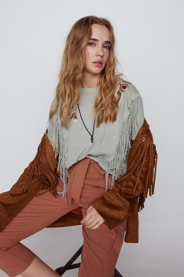 Slowlove Camiseta flecos y bordado Azul