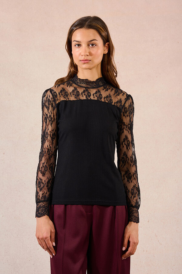 Molly Bracken Top de manga larga detalles de encaje Negro