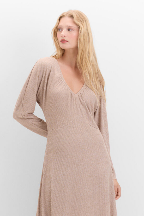 Cortefiel Vestido canalé manga murciélago Beige