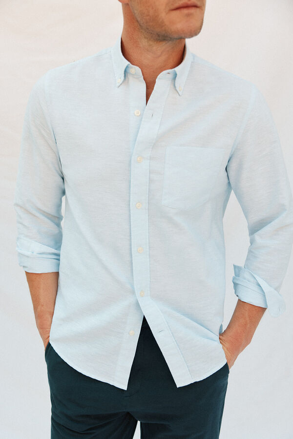 Cortefiel Camisa lino algod&oacute;n liso Azul