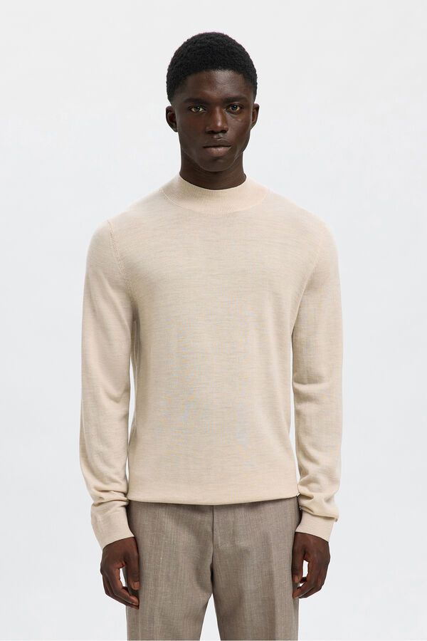 Selected Jersey cuello mock 100% lana merino. Beige