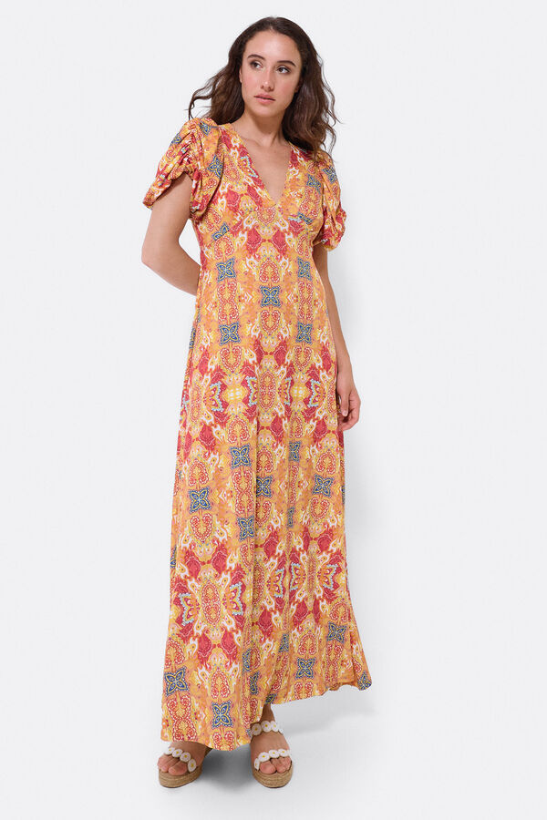 Cupl&eacute; Vestido de malha com estampado caxemira e mangas abalonadas Laranja