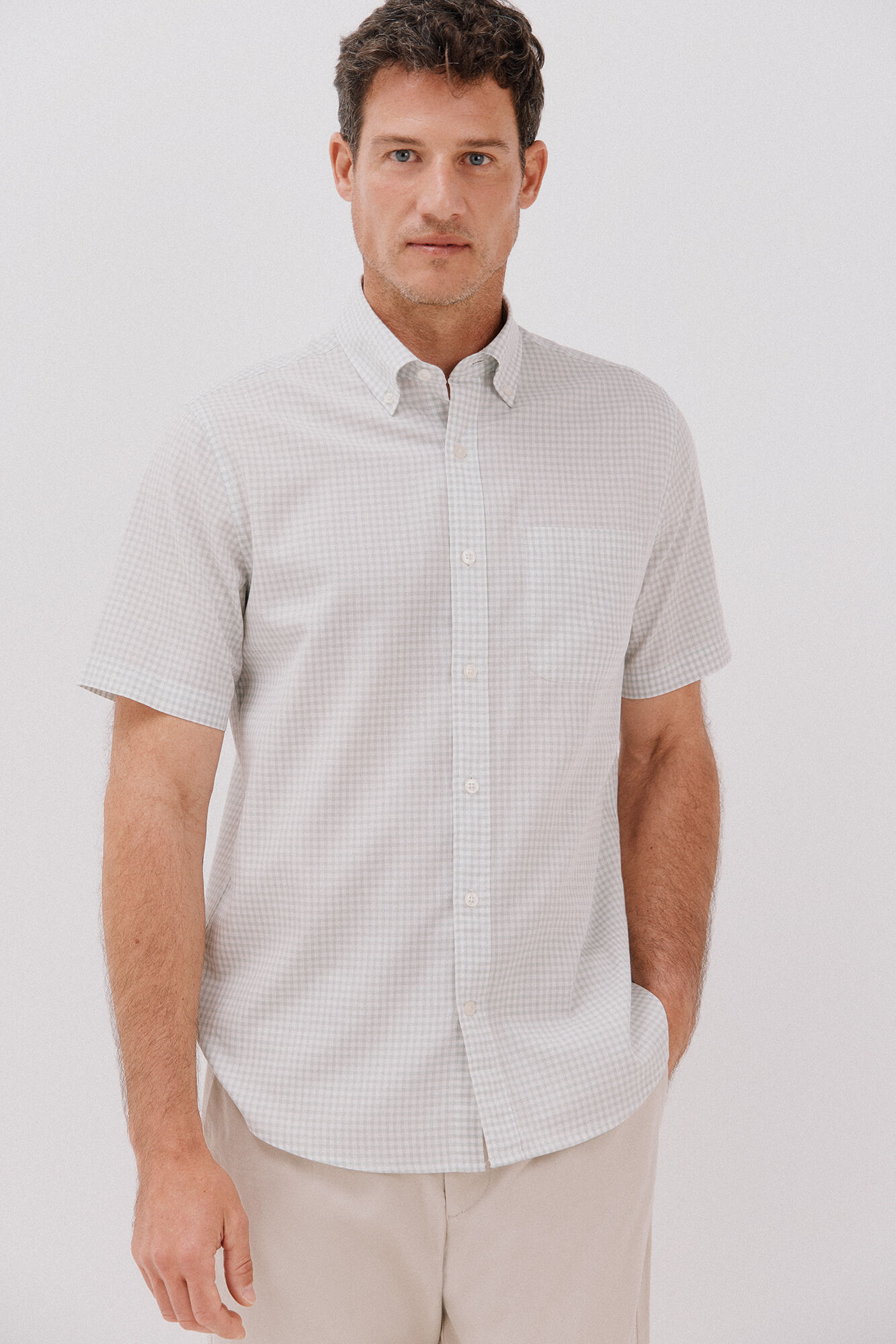 Cortefiel Camisa cuadros lisa algod&oacute;n tencel manga corta