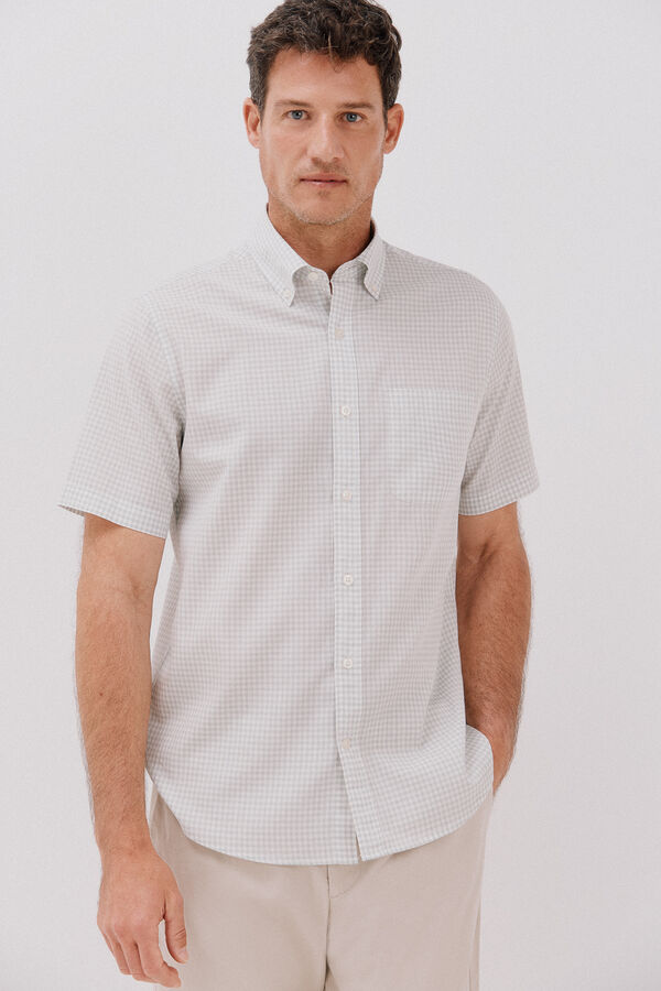 Cortefiel Camisa xadrez lisa, manga curta , algod&atilde;o tencel Verde