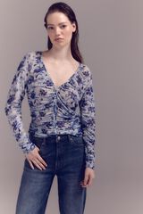Slowlove Top de tule estampado franzido Azul