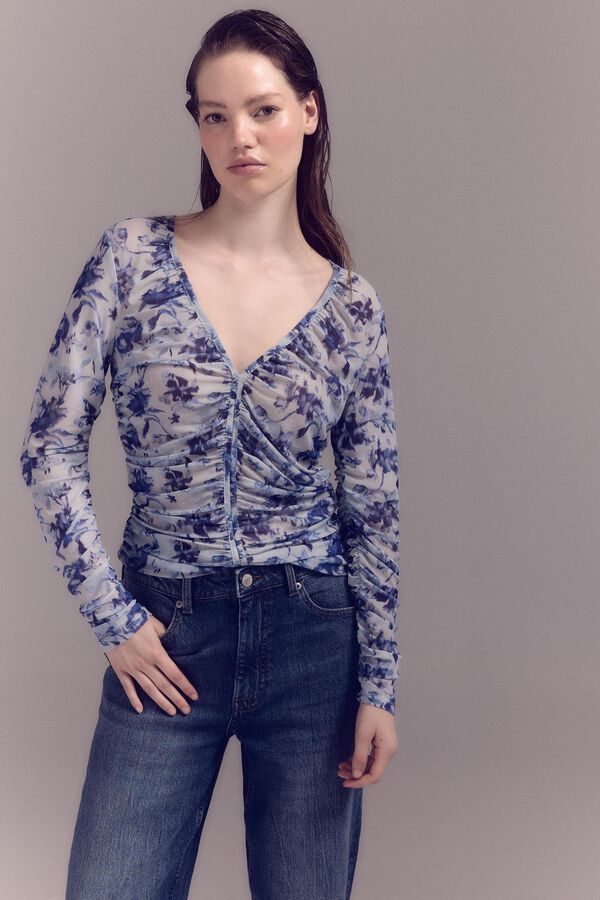 Slowlove Top de tule estampado franzido Azul