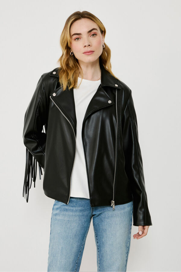 Vila Cazadora biker de polipiel con flecos Negro