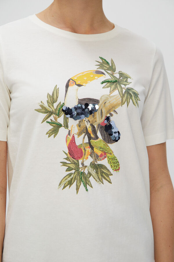 Cortefiel T-shirt estampagem tropical algodão orgânico Branco