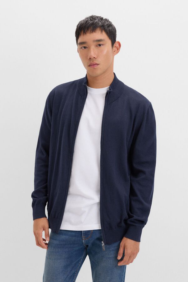 Cortefiel Casaco de malha de algod&atilde;o com caxemira e fecho-&eacute;clair Azul