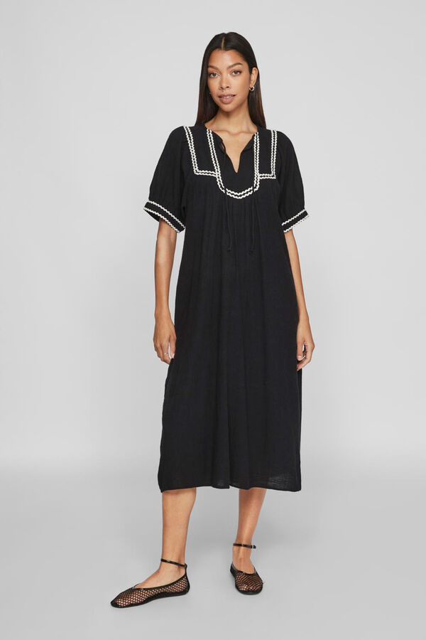 Vila Vestido midi com manga bal&atilde;o Preto