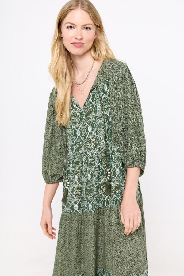 Cortefiel Vestido estampado hilo metalizado Estampado verde