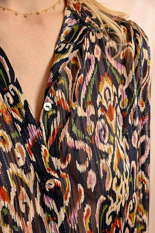 Molly Bracken Camisa feminina de manga comprida, com estampado. Multicolorido