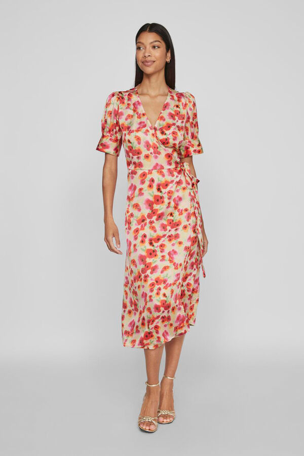 Vila Vestido midi estampado de manga media Rojo