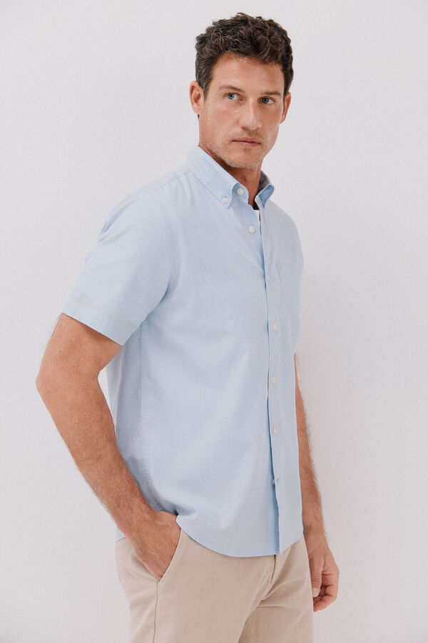 Cortefiel Camisa de algodão tencel de manga curta Azul