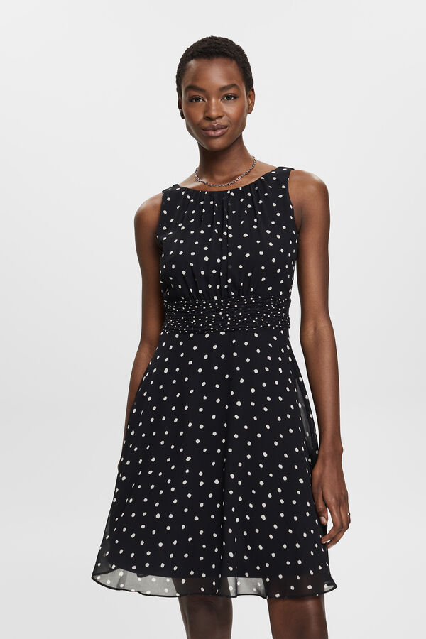 Esprit Vestido corto de gasa con cintura fruncida Negro