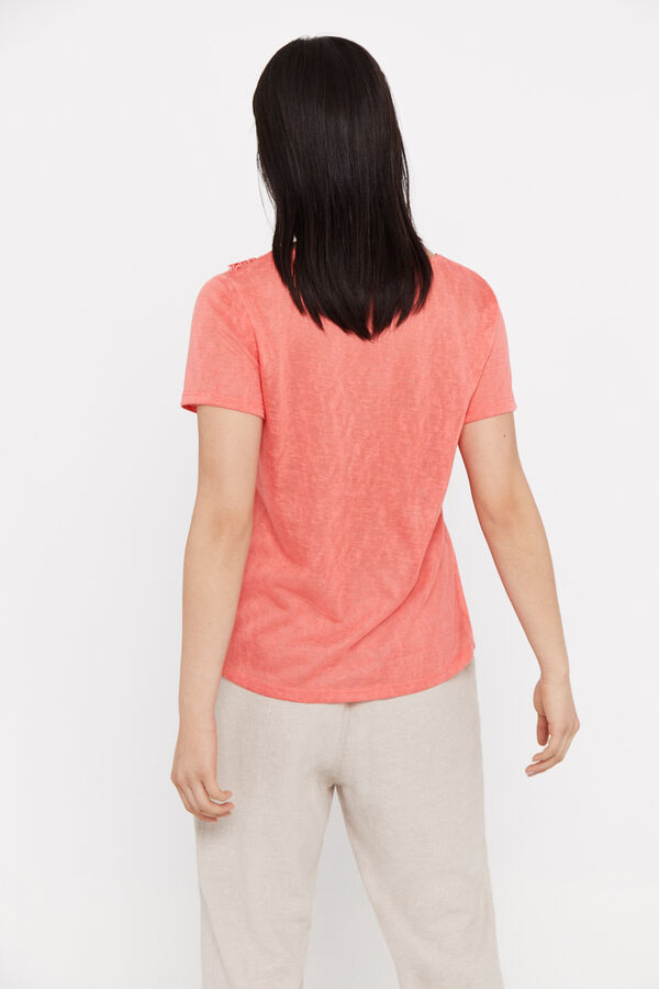 Cortefiel Camiseta efecto lino guipur Coral