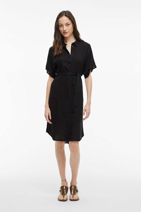Vila Vestido camisero midi de viscosa y lino Negro