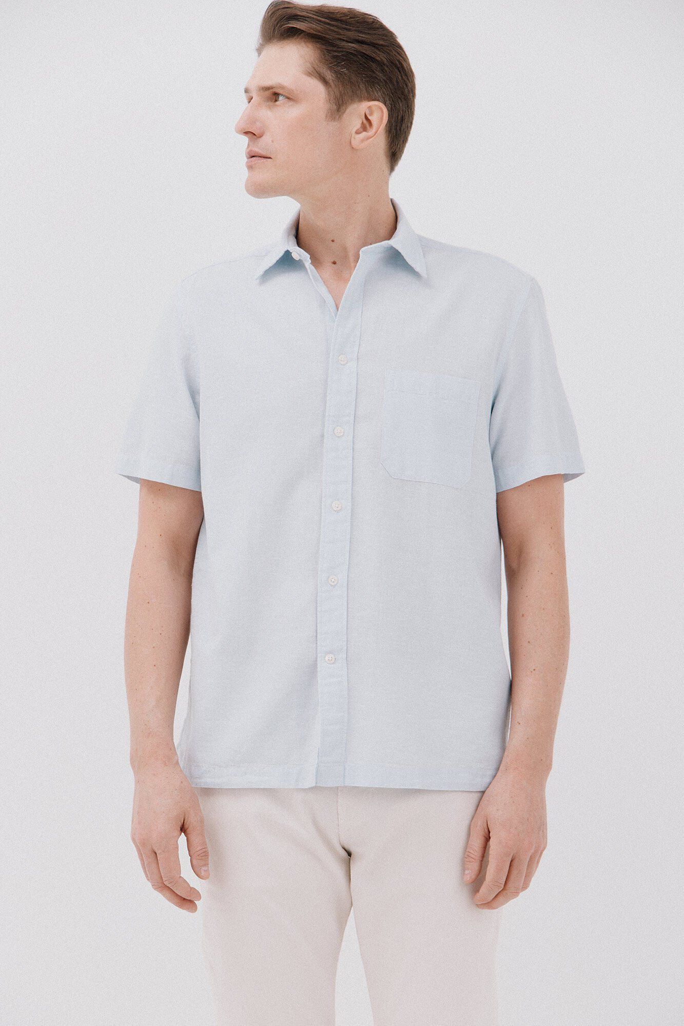 Cortefiel Camisa lisa algod&oacute;n lino manga corta