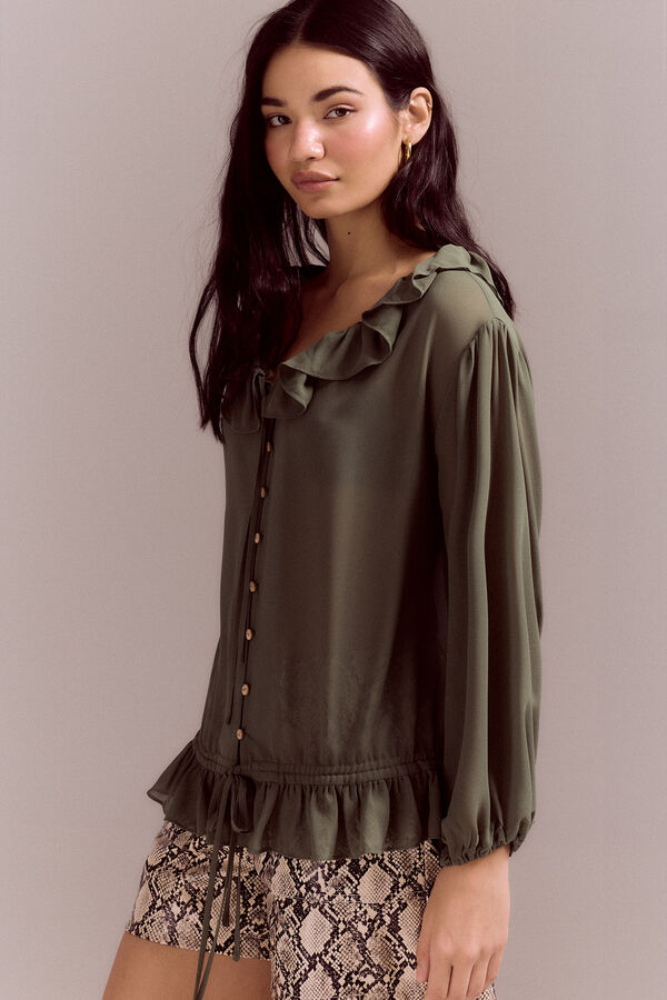 Slowlove Blusa rom&aacute;ntica volantes Kaki