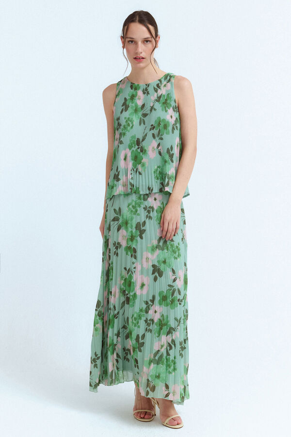 Vila Falda midi plisada estampada Kaki