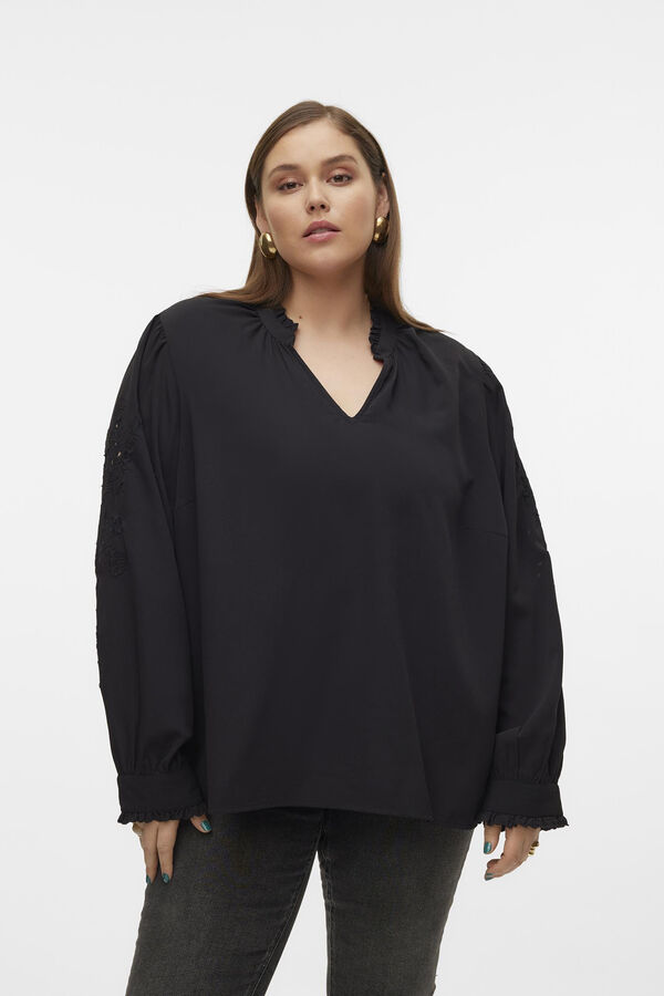 Vero Moda Curve Top de manga larga detalles calados talla grande Negro