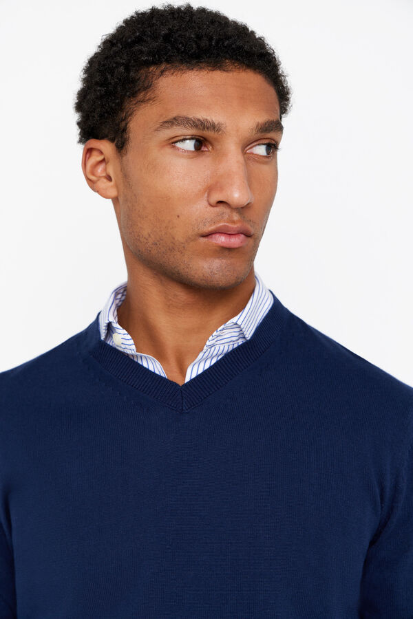 Cortefiel Jersey algod&oacute;n cuello pico b&aacute;sico Azul marino