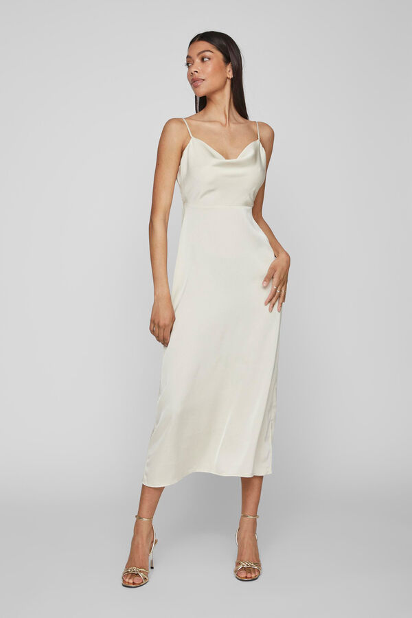 Vila Vestido largo satinado escote drapeado Beige