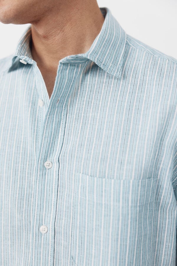 Cortefiel Camisa em algod&atilde;o e linho &agrave;s riscas de manga curta Azul