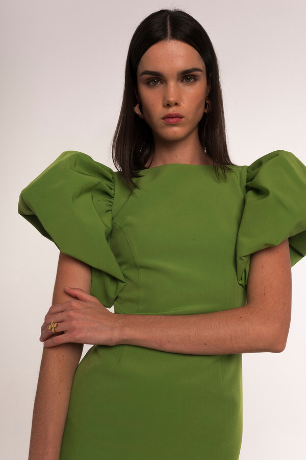 Dolores Promesas Vestido midi direito manga bal&atilde;o Verde