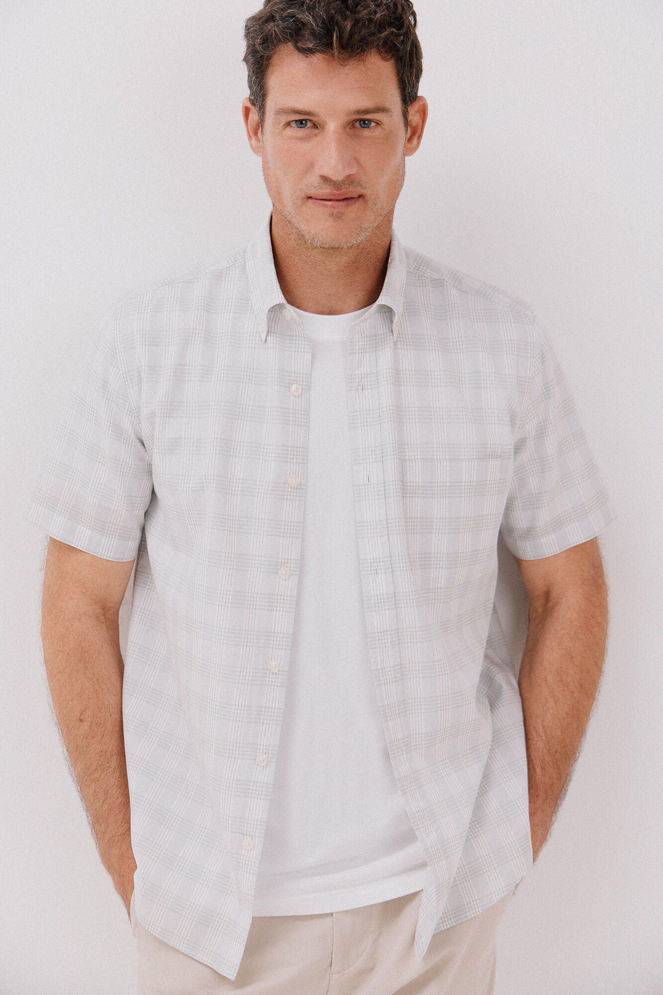 Cortefiel Camisa cuadros algod&oacute;n tencel manga corta