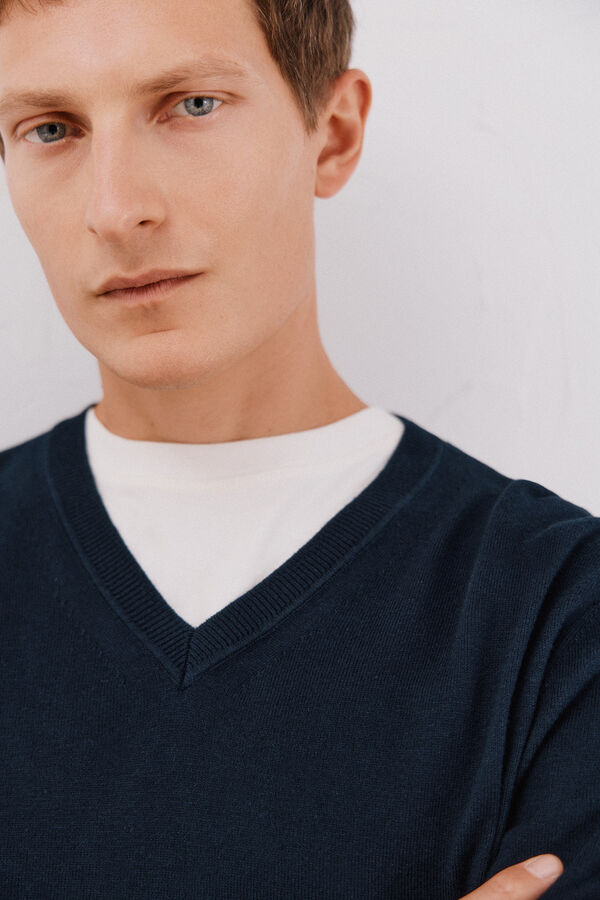 Cortefiel Jersey algod&oacute;n cashmere cuello pico Azul marino