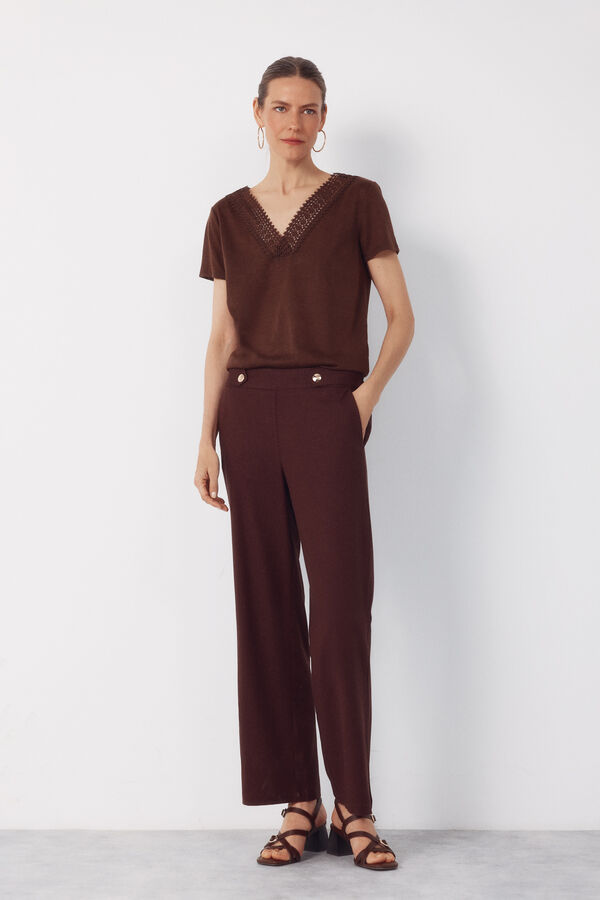 Cortefiel Pantal&oacute;n con lino con botones dorados Marr&oacute;n