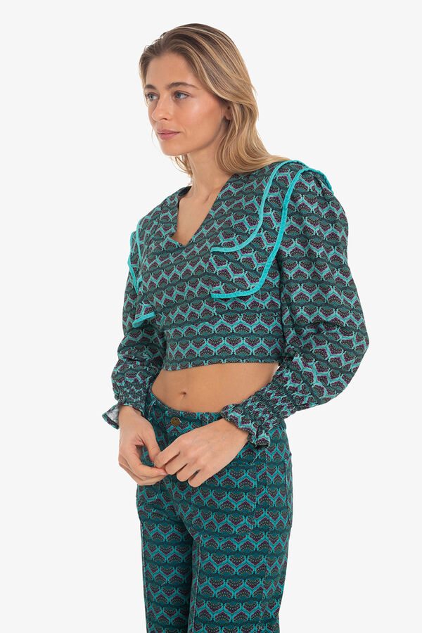 Cupl&eacute; Top cropped com lapela e estampado geom&eacute;trica Azul